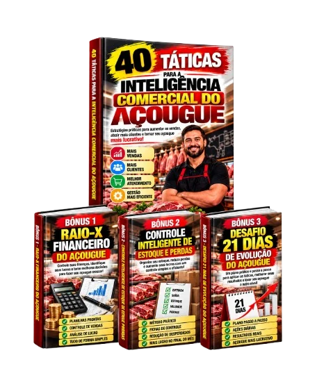 Mockup do 40 Táticas — Inteligência Comercial do Açougueiro no celular e no computador